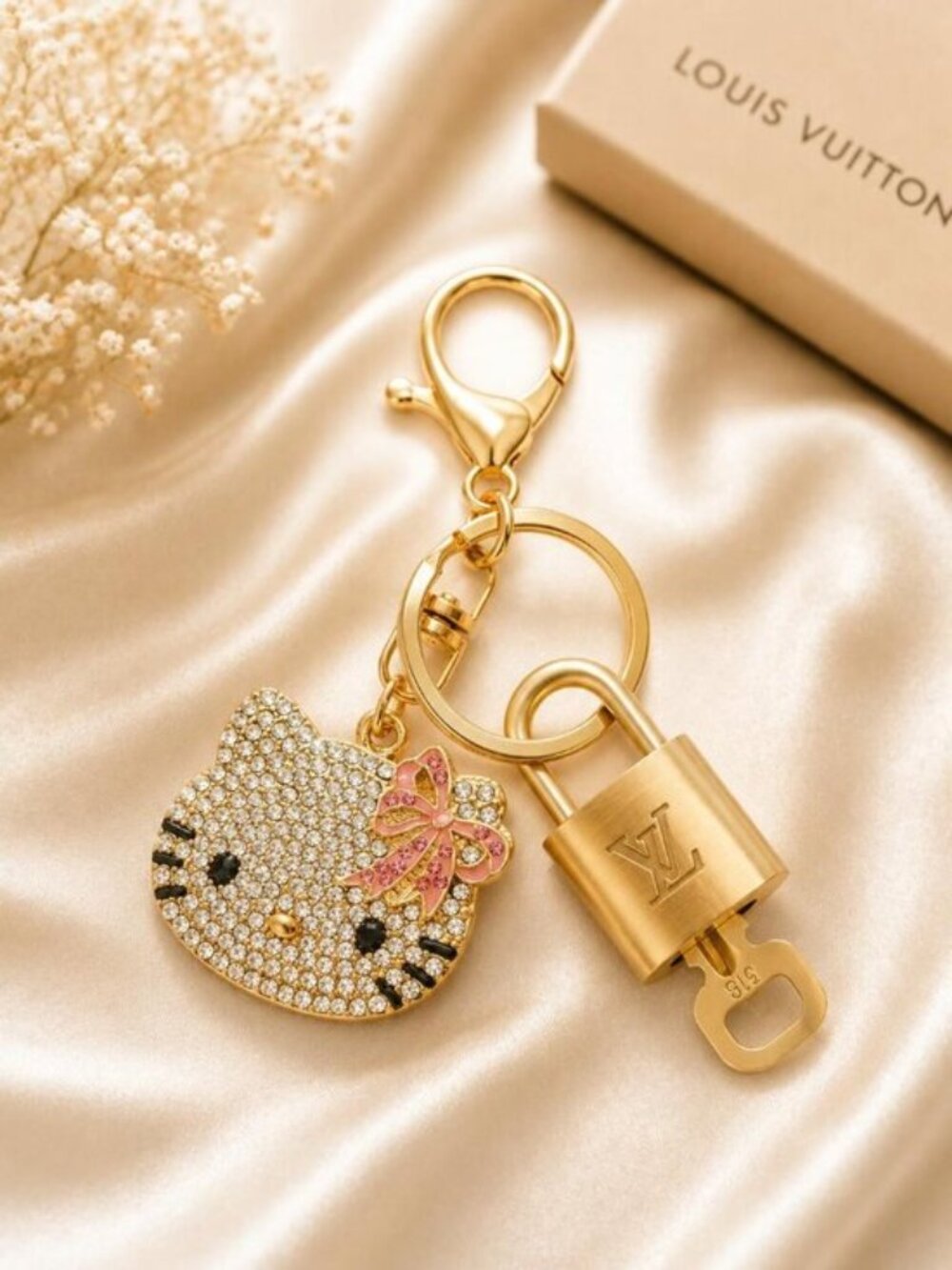 Louis Vuitton Authentic Gold Padlock 🔑 Key + Stylish Unbranded Cat Charm